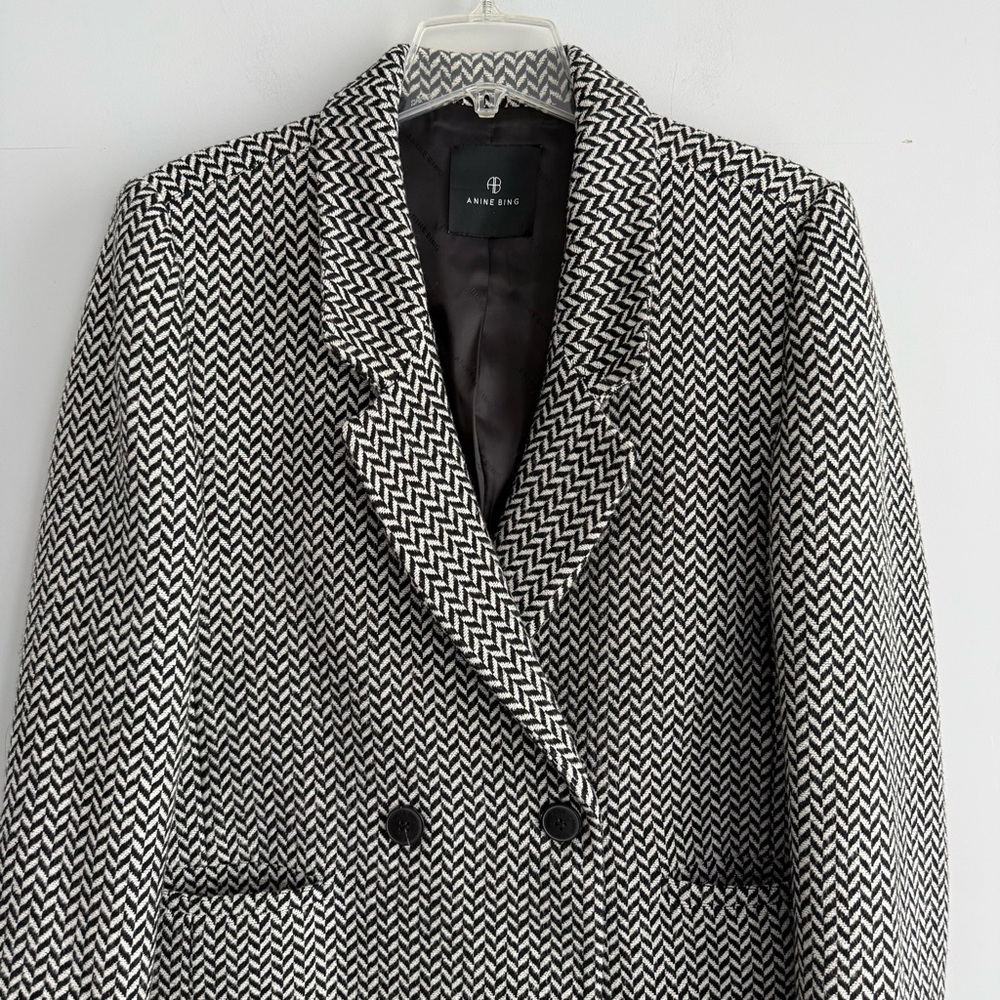 Anine Bing Fishbone Herringbone Blazer L Oversized Wool Blend Double Breasted - Picture 7 of 16
